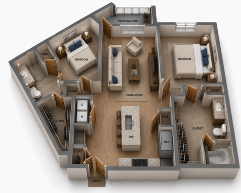 Floor plan for 2 beds, 2 baths, 1191 sqft
